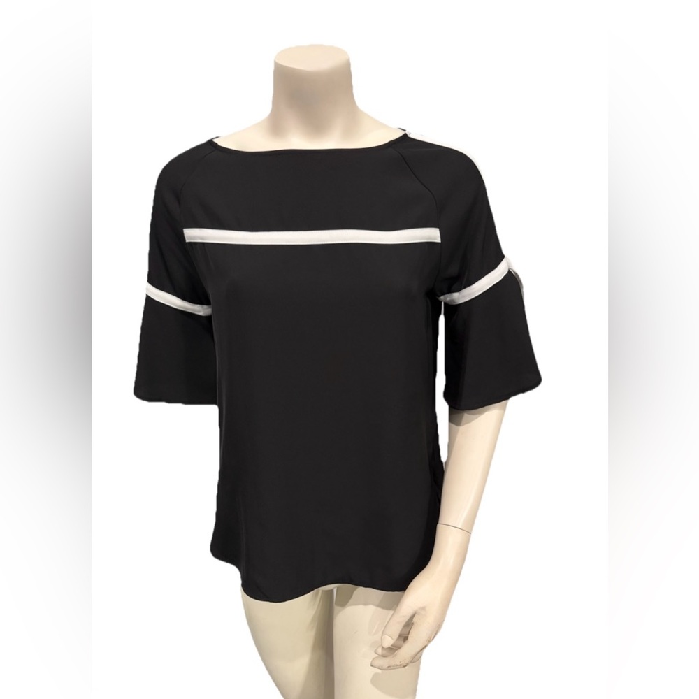 Calvin Klein Women’s Blouse M Black White Trim Bell Sleeve Top Workwear